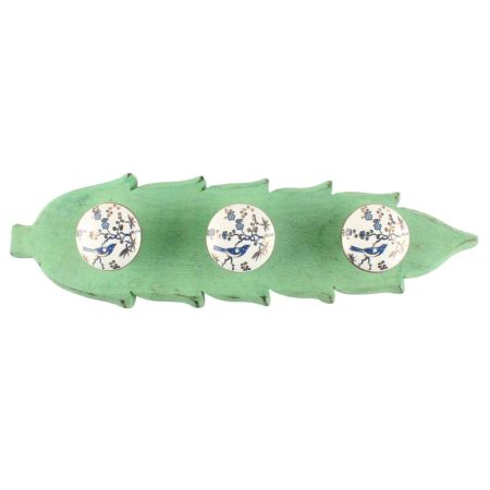 Green And Blue Bird Golden Berry Ceramic Wooden Hook